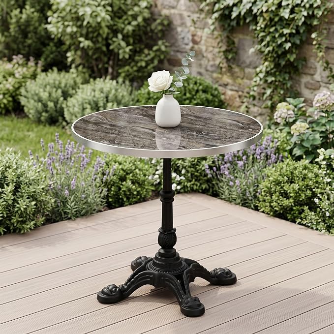31.5 Inch Round Outdoor Patio Dining Table, Sintered Stone Bistro Table with Cast Iron Pedestal Base for Balcony Garden Poolside Cafe, Seats 2 to 4, Charcoal Marble