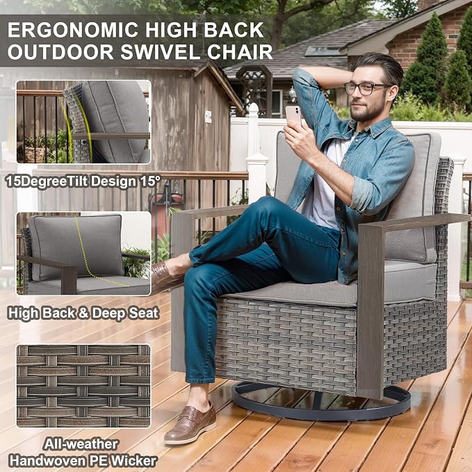 Belord Social 5 Pieces Patio Furniture Set - Swivel Rocker Glider Outdoor Chairs Set of 4 with 50000BTU Propane Fire Pit Table, Durable Wicker Outdoor Conversation Set for Casual Gathering