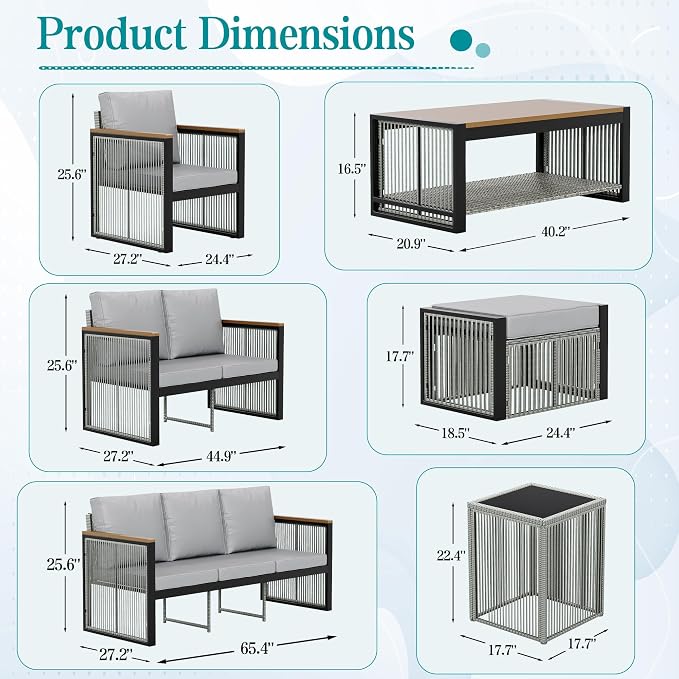 HOMREST 7 Piece Outdoor Sectional Patio Conversation Set,5 Seats Metal Outdoor Patio Furniture Set, All Weather Outdoor Couch Set with 2 Ottoman,3-Seats Sofa,Love Seat,Side Table for Deck, Lawn(Grey)