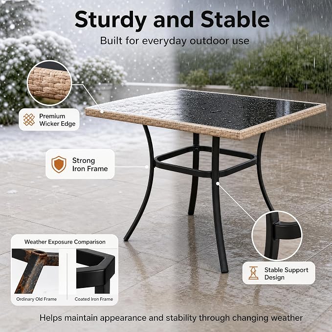 AECOJOY Outdoor Patio Dinning Table for 4, 35.2" Square Rattan Patio Outdoors Tables with Glass Tabletop Rectangular Metal Frame All Weather-Resistant Dining Desk for Lawn Backyard Garden Porch