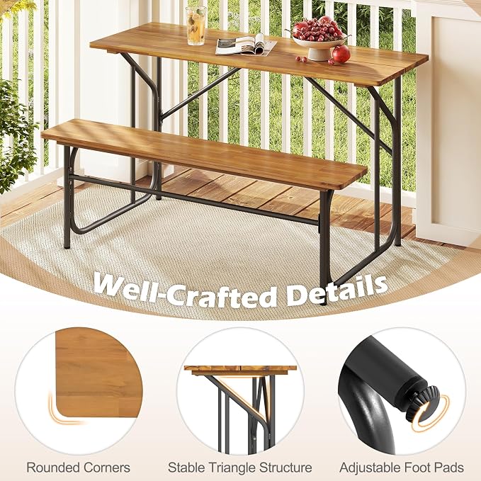 Tangkula Patio Dining Bench Set for 2, Heavy-Duty Outdoor Acacia Wood Dining Furniture with Metal Legs for Balcony, Backyard, Poolside, Garden (1,52” x 32” x 29.5”)