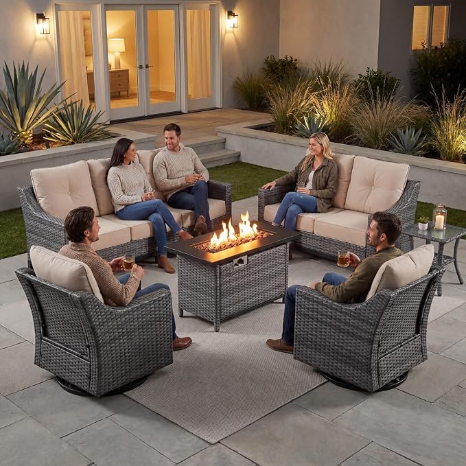5-Piece Outdoor Patio Furniture Set, Grey Wicker Conversation Set with 2 Sofas, 2 Swivel Chairs and Rectangular 60,000 BTU Fire Pit Table, Beige Cushions