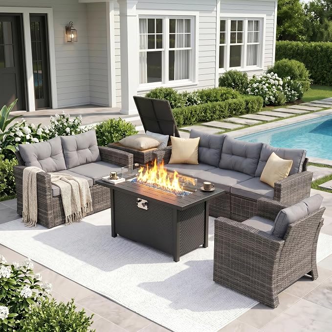 Super Patio 8 Pieces Outdoor Patio Furniture Set with 45” Fire Pit Table, Rattan Patio Conversation Sets with 50000 BTU Gas Fire Pit, Wicker Sectional Sofa Set with Storage Box, Gray (Without Table)