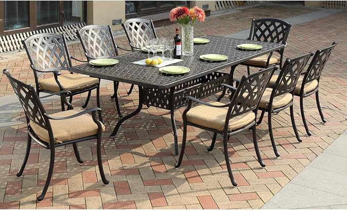 Darlee Ocean View 9 Pc Cast Aluminum Dining Set w/ 92 X 42 Inch Series 30 Table in Antique Bronze/Sesame