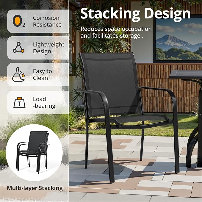 Crownland 7 Piece Patio Dining Set, Textilene Dining Sets, 6 Textilene Metal Chairs and Rectangular Outdoor Dining Table with Khaki 9FT Round Outdoor Umbrella (Black)