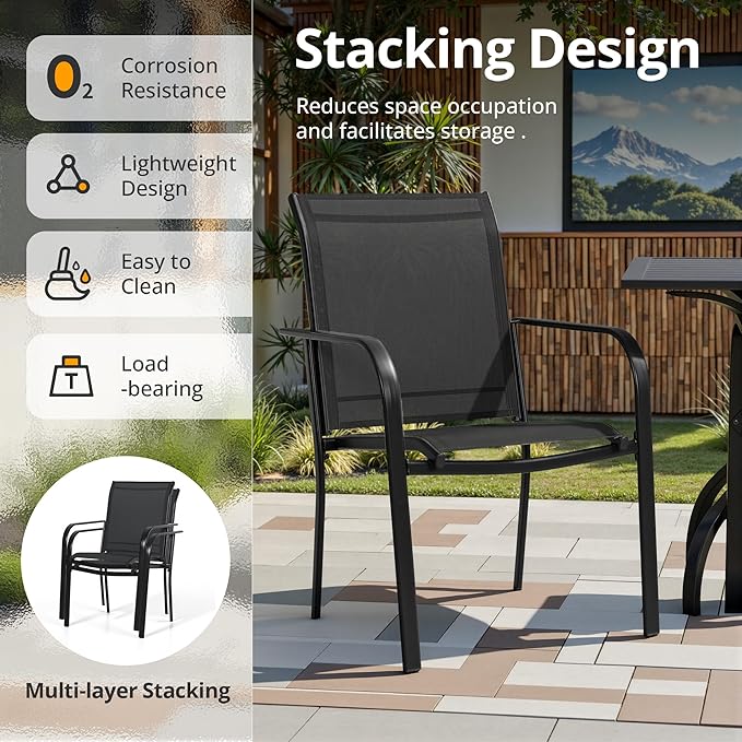 Crownland 5 Piece Patio Dining Set, Textilene Dining Sets, 4 Textilene Metal Chairs and Square Outdoor Dining Table with Sky Blue 9FT Round Outdoor Umbrella (Black)