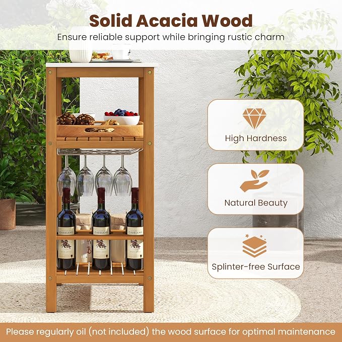 Giantex Acacia Wood Outdoor Side Table, Patio Buffet Cabinet Bar Table with Faux Marble Countertop, Glass & Wine Holders, Patio Storage Cabinet for Garden, Backyard, Kitchen
