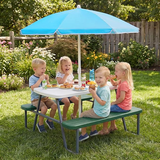 KOTEK Kids Picnic Table with Umbrella, Toddler Outdoor Table and Bench Set, Easy to Clean, HDPE Top & Metal Frame, 660LBS Capacity, Kids Patio Furniture for Backyard Park Garden (Green)