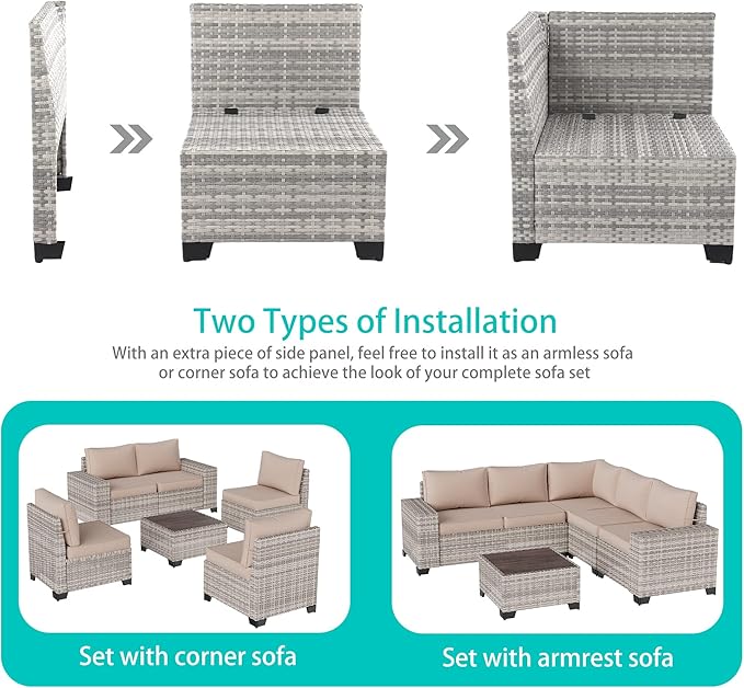 15-Piece Outdoor Patio Furniture Set with Rocking Swivel Chair Wicker Sectional Sofa Set, Patio Conversation Set with Thickened Cushions & Coffee Table for Garden, Backyard, Poolside, Beige