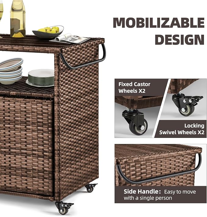 Wicker Outdoor Storage Cabinet with Wheels, Patio Grill Tables for Outside, Outdoor Storage Cabinet for Garden Buffets, Parties, Poolside Gatherings in Brown