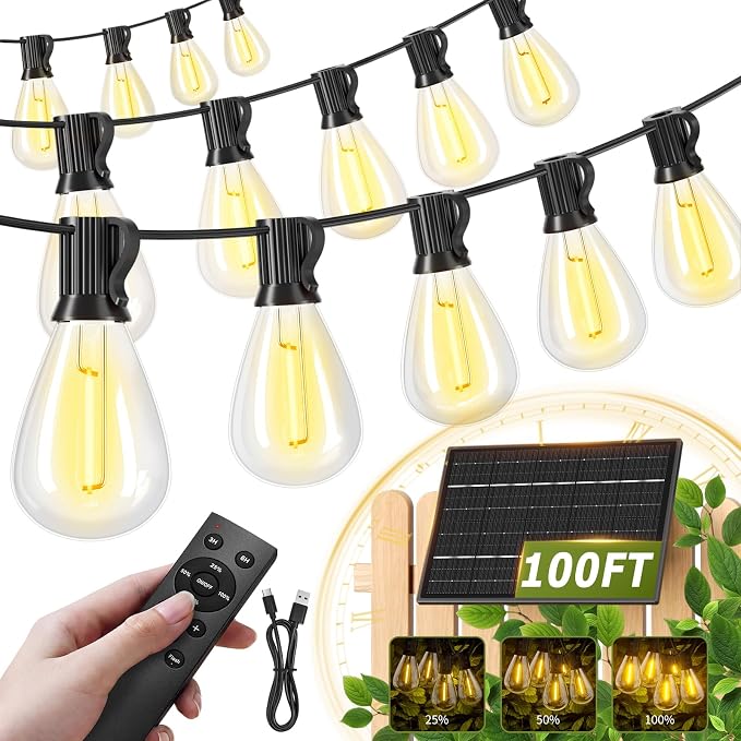 100FT Solar Outdoor String Lights with 36+2 Edison Shatterproof Waterproof Bulbs, 2200K Commercial Grade Patio Lights, Heavy Duty Outside Hanging for Garden Porch Deck Decor