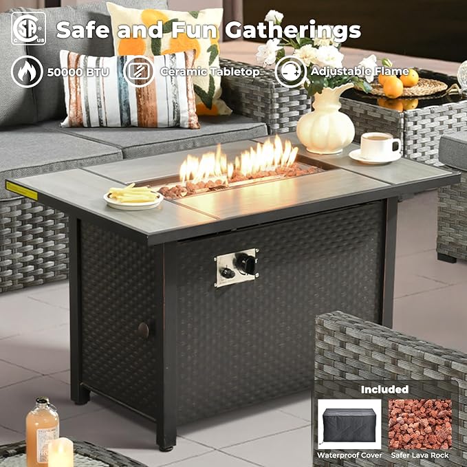 ovios 7 Pieces Patio Furniture Set, Outdoor Wicker Sectional Sofa with 42 Inch Fire Pit Table Comfy Cushions, Modern Modular Deep Seat Rattan Couch Conversation Set, Dark Grey