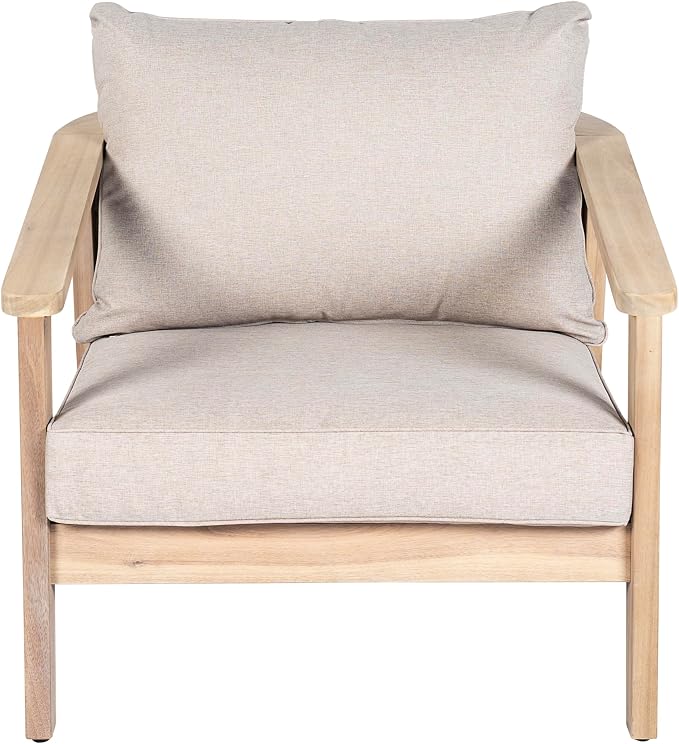 Merax 4 Piece Outdoor Acacia Wood and Wicker Club Chair, Light White Finish with Beige Cushion, Patio Garden Armchair