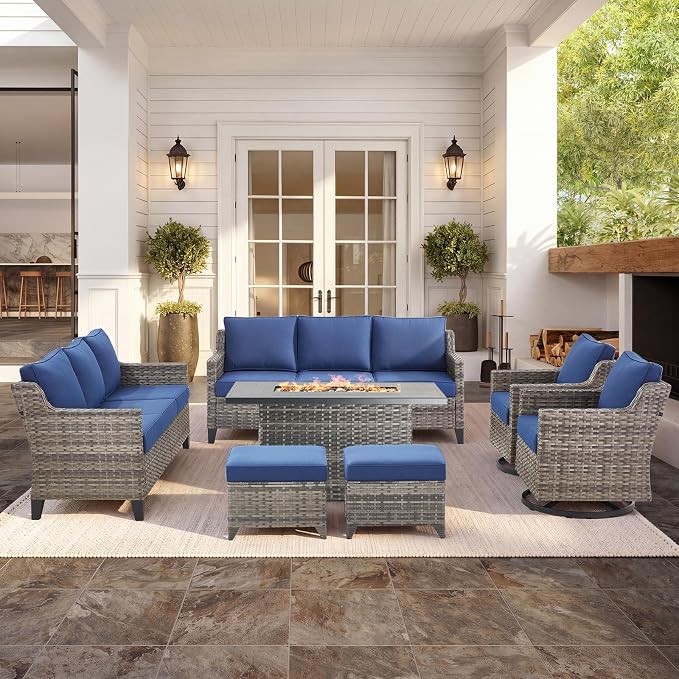 Belord Patio Wicker Swivel Rocker Patio Chairs with 3-Seater Sofa and Propane Fire Pit Table, Outdoor Furniture Set for Deck Porch Poolside, 7 Piece Patio Conversation Furniture Set,Blue