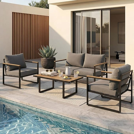 Modern Patio Furniture Set, 4 Pieces Outdoor Conversation Set | Metal Patio Furniture with 4" Washable Foam Cushions, Ships in 1 Box, Gray