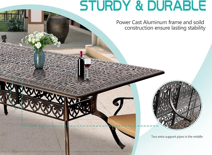 Grepatio 9 Piece Cast Aluminum Outdoor Dining Set, Patio Furniture Set with 2“ Umbrella Hole and 8 Chairs with Cushions, Patio Dining Furniture Set for Porch Poolside Garden (Red)