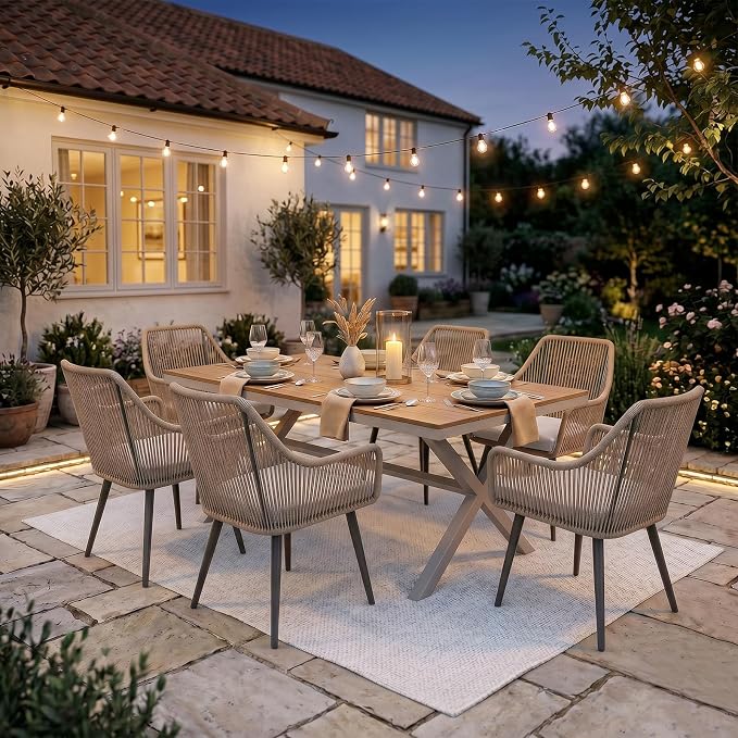 JOIVI 7 Piece Patio Dining Set for 6, All-Weather Outdoor Dining Furniture with Hand-Woven PE Rattan Chairs and Rectangular Dining Table, Outdoor Table and Chairs Set for Backyard, Porch, Tan