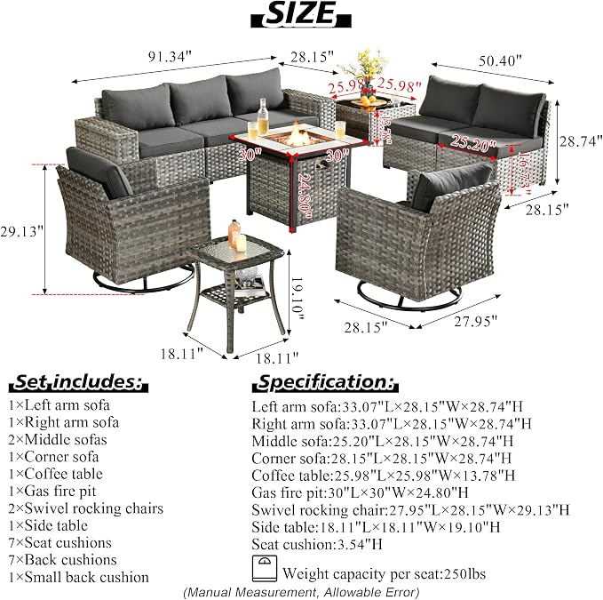HOOOWOOO Outdoor Patio Sectional Furniture Sofa Set with Fire Pit Table,10 Piece Modern Wicker Couch with Swivel Chairs,Modular Conversation Seating Set with Widened Armrest for Garden(Black)