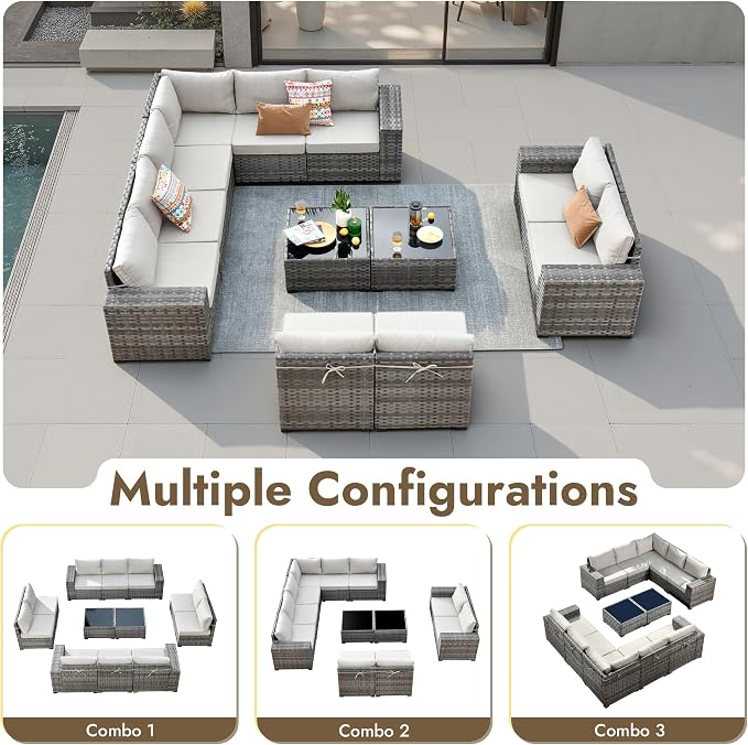 12 Pieces Patio Furniture Set, Wicker Outdoor Sectional Sofa with Coffee Table Comfy Cushions, Modern Modular Deep Seat Rattan Couch Conversation Set for Backyard Porch Yard,Beige