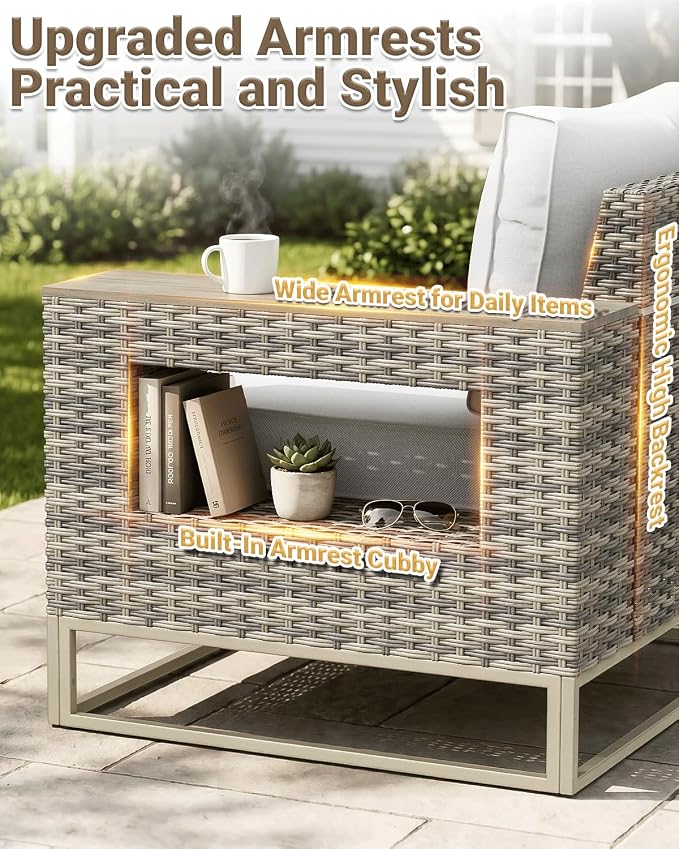 Outdoor Patio Furniture Set 9-Piece PE Rattan Wicker Outdoor Sectional Sofa with 5,000 BTU Fire Pit Table, Modern Modular L-Shaped Conversation Set with Thickened Cushions and Chunky Arms, White