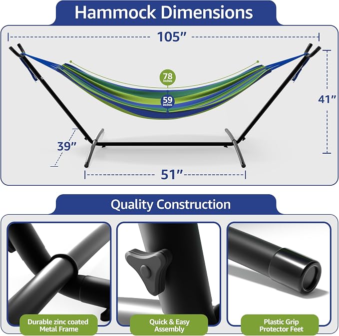 Sorbus 2-Person Hammock with Stand – 60" Cotton Blend Bed, Heavy Duty 450lbs Capacity, Portable with Carrying Case – for Garden, Patio, Outdoor, Camping, Gifts – Washable