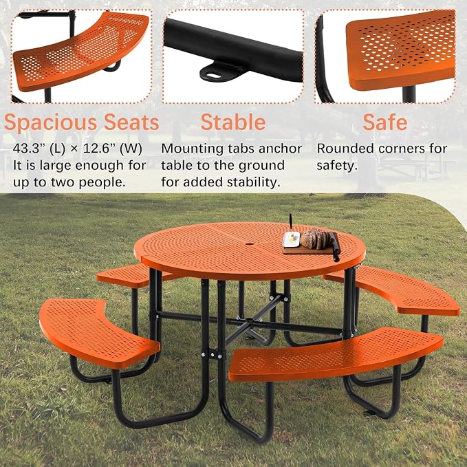 Coated Steel Heavy Duty Picnic Table for Outdoors 3200 lbs Load, Round Camping Table with Umbrella Hole up to 1.78", Commercial Picnic Table with Benches, Orange