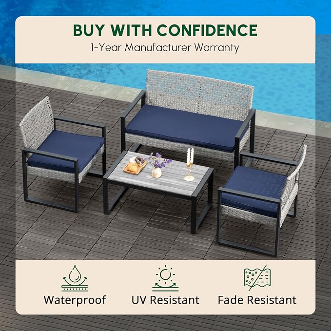 BEEFURNI Wicker Patio Furniture Outdoor Conversation Set of 4, Rattan Outdoor Furniture Set, Acacia Wood Table, 2 Chairs, 1 Loveseat, 2” Cushions, All Weather Set for Patio, Porch, Balcony (Gray)