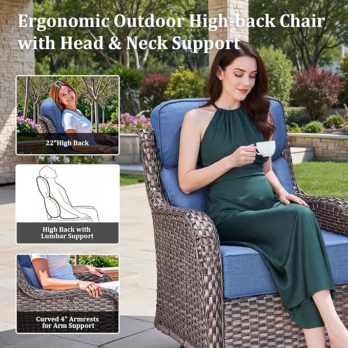 Luxury High Back Patio Furniture Set with 6-Inch Thick Cushions, 8-Pieces Outdoor Furniture with Swivel Chairs, Wicker Conversation Set for Porch, Balcony, Deck and Yard, Brown/Blue