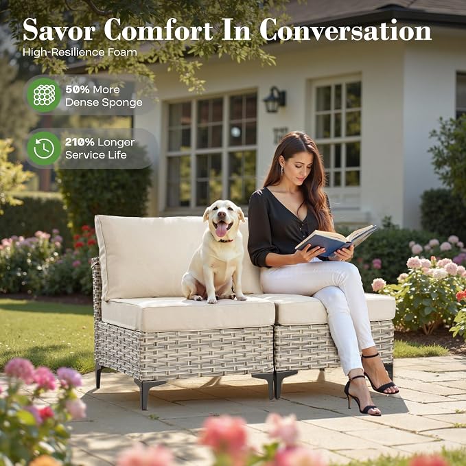 8 Pcs Patio Furniture with Fire Pit Table, Outdoor Rattan Wicker Conversation Set with Glowing Coffee Table, Comfy Sectional Sofa for Porch Balcony Backyard Pool, Beige