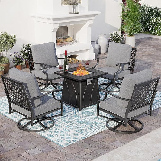 SUNSHINE VALLEY 5 Piece Metal Outdoor Patio Furniture Set with Fire Pit Table, Patio Conversation Sets 4 Swivel Chairs with 5.75" Thick Cushion and 5000 BTU Fire Pit Table, Backyard Furniture, Gray