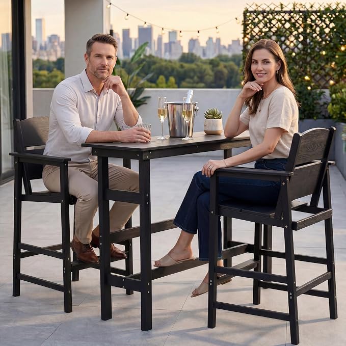 Outdoor Bar Height Table and Chairs Set, 3 Piece HDPE Outdoor High Top Table and Chairs, Reinforced Patio Pub Table with 2 Bar Stools, All Weather Bar Height Patio Set for Deck/Balcony, Black