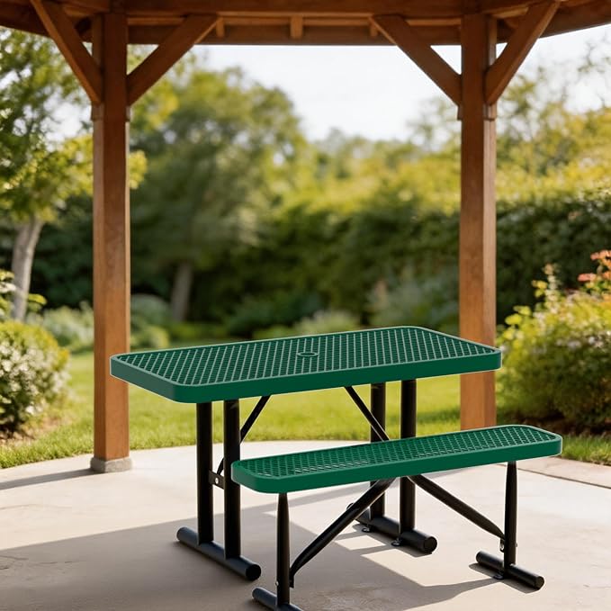 4FT Picnic Tables for Outdoors, Green Rectangular Heavy Duty Commercial Picnic Table with Umbrella Hole,Weather-Resistant Camping Table Dining Table for Backyard, Patio, Garden, Shops, Parks