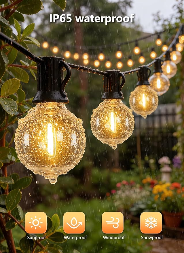 100Ft Outdoor String Lights with Remote, Dimmable G40 LED Bulbs, Waterproof | Shatterproof Connectable Hanging Patio Lights for Porch, Backyard, Bistro, Deck, Balcony, Home, Garden Decor