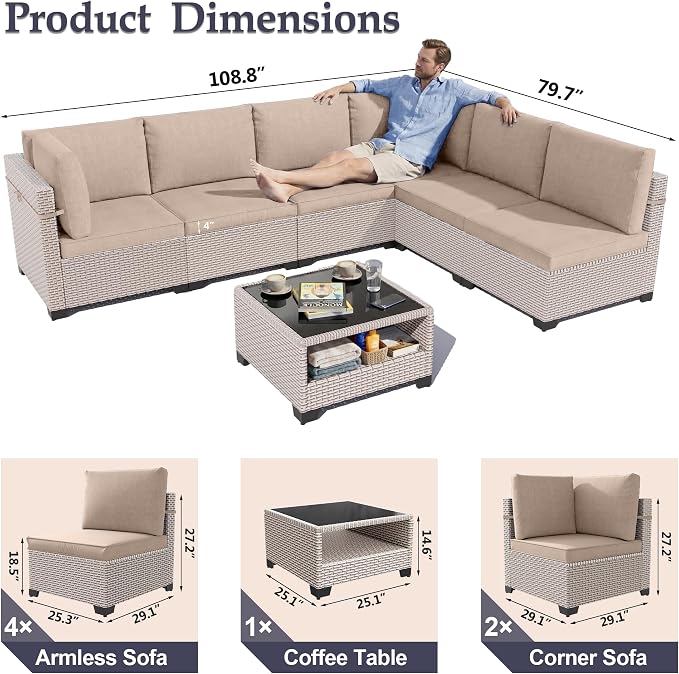 Patio Furniture Set, 7-Piece Outdoor Sectional Sofa with 2-Layer Glass Coffee Table, Wicker Patio Conversation Set with Khaki Cushions for Backyard, Poolside, Porch