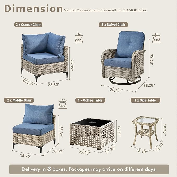 8 Pieces Patio Sectional Furniture Set, Outdoor Wicker Sectional Couch with High Back Swivel Rocker Chairs Solar Lights Table, Modern Conversation Set for Porch Balcony Backyard, Denim Blue