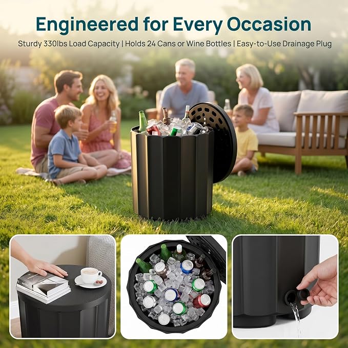Zapdos 3-in-1 Outdoor Cooler Side Table, Dense Fluted Design, 330lbs Capacity Patio Ice Bucket