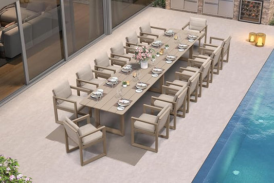 PURPLE LEAF Outdoor Dining Set for 14 Aluminum Extra Long Patio Furniture Table and Chairs Set with All Weather Thick Cushion Rectangular Patio Dining Sets for Huge Backyard Garden Poolside, Khaki