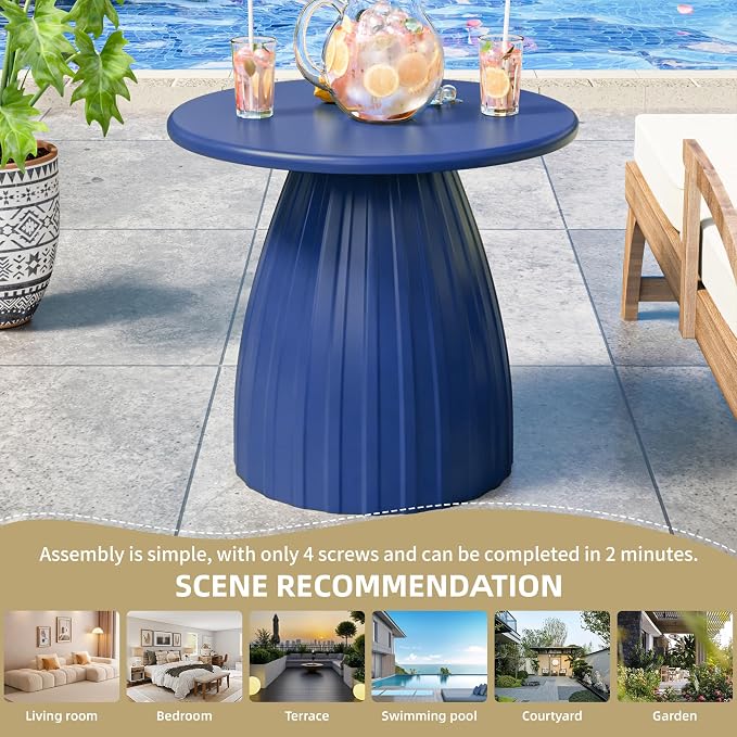 Round Metal Outdoor Patio Side Table, Steel Outdoor Accent Table, Small Patio End Table, for Garden, Pool, Yard, Balcony, Living Room, Deck, Weather Resistant, No Assembly, Blue