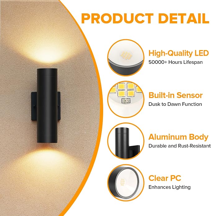 LUTEC 16W LED Outdoor Wall Lights, Dusk to Dawn, 2 Pack | 3000K Warm White, IP65, Aluminum Matte Black Cylinder Wall Sconces, For Porch Entryway Yard