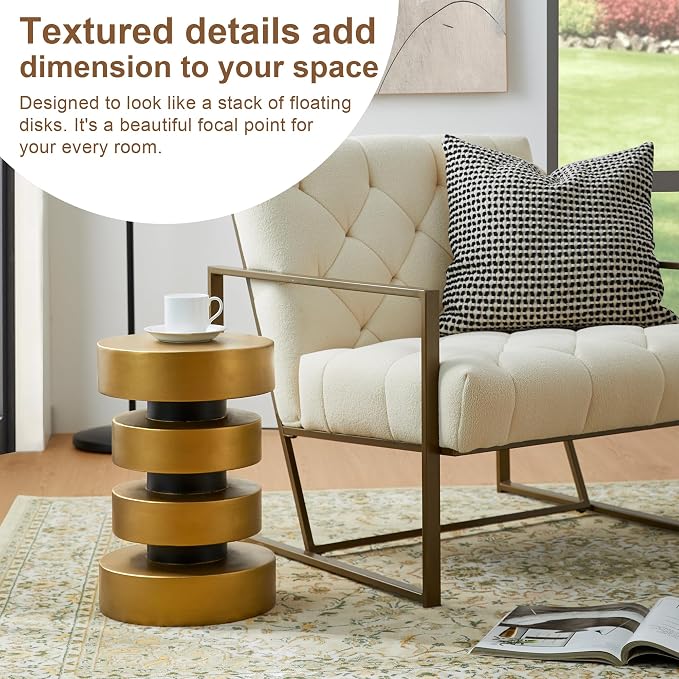 Glitzhome Modern Indoor Outdoor Side Table 18" H, MGO Antique Gold Side Table, Unique Floating Disks Round End Table, Decorative Accent Stool for Garden Outdoor Living Room Bedroom Sofa Home Decor