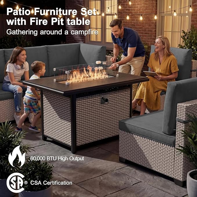 12-Piece Patio Furniture Set, Outdoor Swivel Rocking Chairs Set with 55,000 BTU Fire Pit Table,All Weather Conversation Set for Porch Poolside Balcony