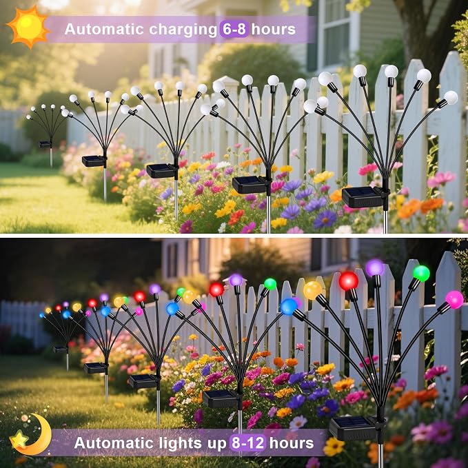 Solar Garden Lights Outdoor Waterproof, Swaying Firefly Light, Garden Decor | 4 Pack Solar Firefly Lights, Multicolor Changing Decor for Yard, Patio, Pathway and Lawn, Gifts for Women, Christmas Decor
