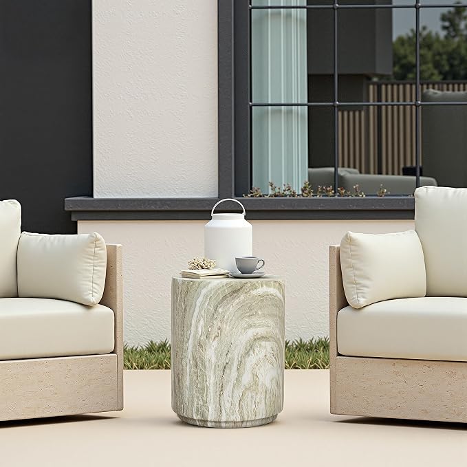 LuxenHome 18" Outdoor Side Table, Green and White Marbled Round Side Table, Indoor Outdoor End Tables for Patio, Modern Small Round Side Tables for Outside, Garden Stool for Indoor and Outdoor