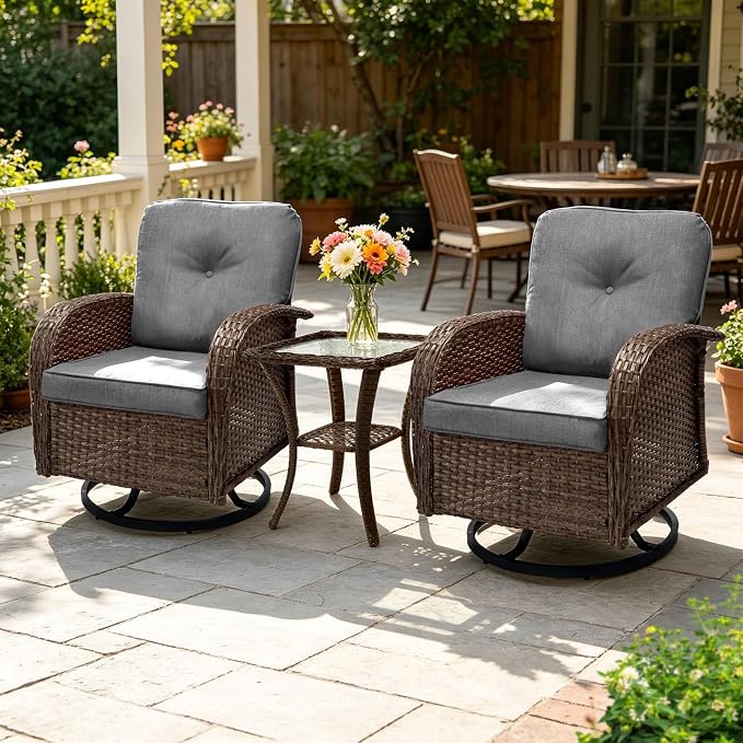 SHGJ&SOFT All Weather Patio Furniture Set, High Back Swivel Rocker Glider Chairs，Ottomans & Glass Tables, Outdoor Conversation Set for Deck Porch Yard Poolside (Grey, 3PCS-Swivle Chairs&Table)