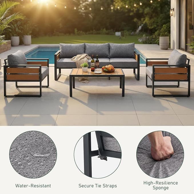 Furnimart Patio Furniture Set, 4-Piece Metal Outdoor Sectional, 5-Seat Patio Conversation Set with Deep Seating, Thick Cushions & Coffee Table for Backyard, Porch & Deck, Gray