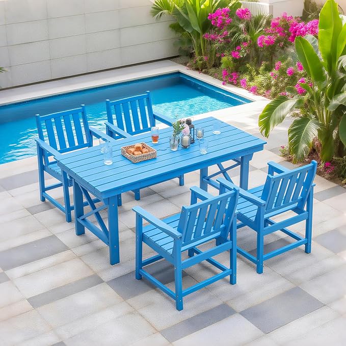 5-Piece Patio Table Set, Outdoor HDPE Dining Furniture Set with Umbrella Hole All Weather Table and 4 Chairs for Lawn, Garden, Poolside, Backyard, Blue