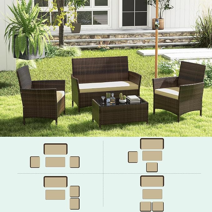 ORALNER 4 Pieces Patio Furniture Set, Rattan Chairs Loveseat with Soft Cushion and Glass Table, Outdoor Wicker Conversation Set for Balcony Garden Backyard Porch Poolside (Beige)