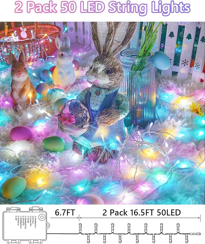 2 Pack 100 LED Easter Lights Battery Operated String Twinkle Fairy Lights | 33FT 8 Modes Multicolor Easter Battery Lights with Auto Timer, Waterproof Pastel Lights for Indoor Outdoor Garden Party Decor