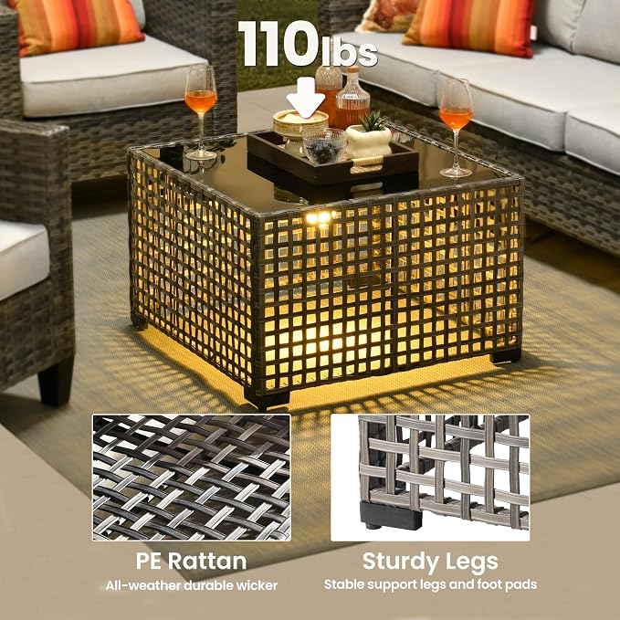 ovios Outdoor Side Table with Tempered Glass Top, Patio Wicker Solar Table, Rattan Bistro End Table for Porch Deck Balcony Garden Poolside, Grey