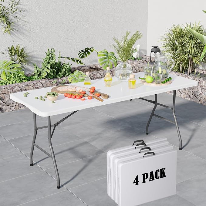 Folding Table 6FT, No Assembly Required Outdoor Picnic Table Thickened HDPE Panel, Office Foldable Table with Handle & Lock for Parties Wedding Camping (White, 4 Pack)